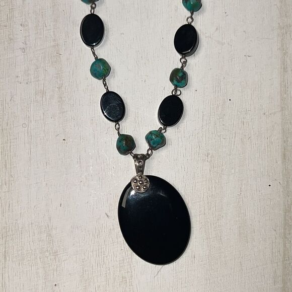Authentic Lucas Lameth 925 Silver Natural Turquoise & Black Onyx Necklace - Picture 12 of 13
